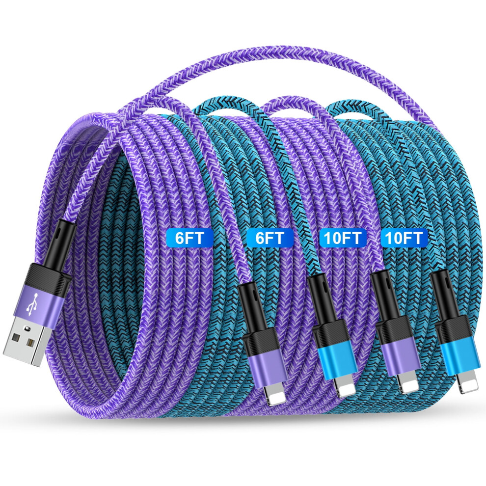 4-Pack Usb-A To Lightning Cable (6Ft & 10Ft), Nylon Braided, 3A Fast Charging, Compatible With Iphone 9130661015387
