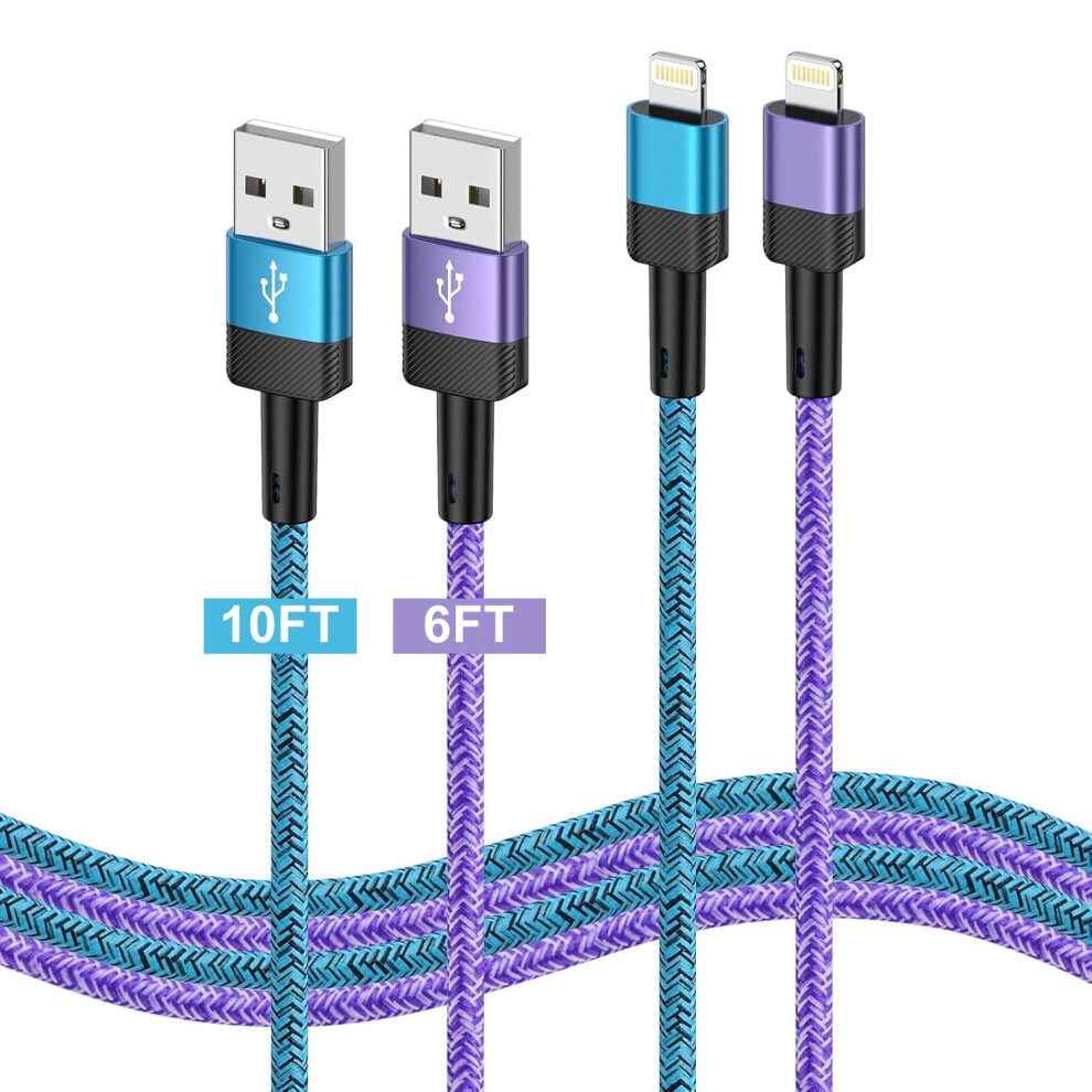 2-Pack Nylon Braided Usb-A To Lightning Cables (6Ft & 10Ft), 3A Fast Charging & Data Sync, Compatible With Iphone/Ipad 9170372185917