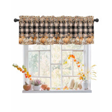 Fall Valances for Windows, Pumpkin & Leaves Watercolor Plaid Rod Pocket Curtains, 60"x18", Holiday Window Treatment for Kitchen, Living Room,