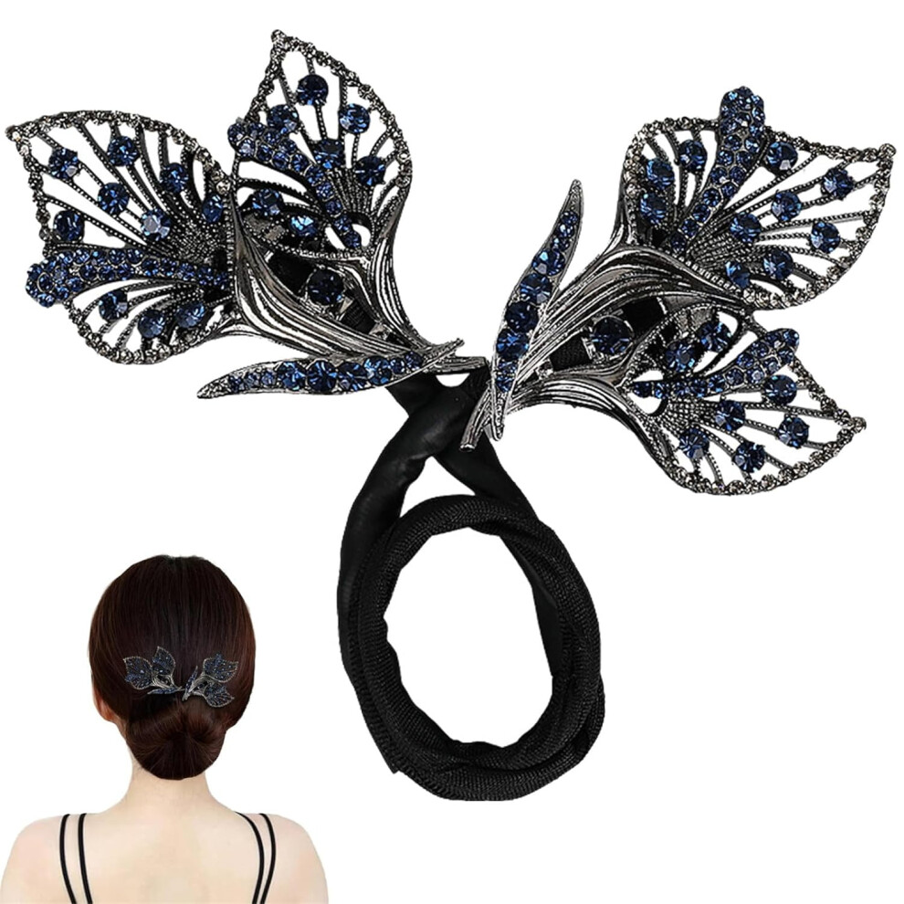 Rhinestone Flower Hair Clip, Whale Tail Design, Lazy Bun Maker & Ocean Blue Feather Hairpin for Women â Compatible with All Hair Types