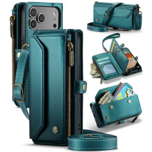 CaseMe leren portemonneehoesje compatibel met iPhone 17 Pro 6,3 inch – RFID-blokkering, 7-kaartshouder, vak met ritssluiting voor bankbiljetten,