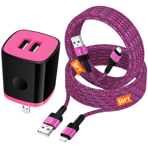 2.1A Dual USB Wall Charger + 2 Cables (6ft/10ft) – Compatible with iPhone 14/13/12