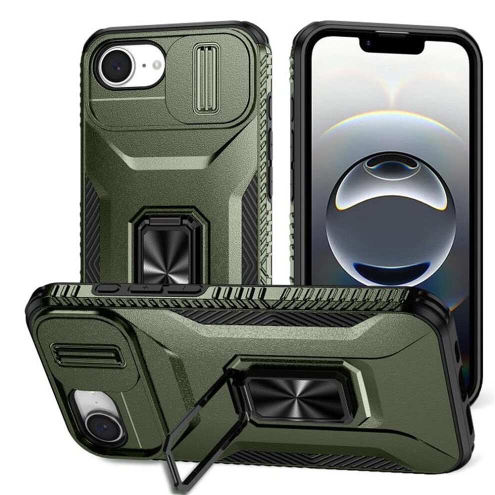 Slim Fit Shockproof Hybrid Case For Iphone 16E Â Slide Camera Cover, Rotated Ring Kickstand, Military-Grade, Alpine Green 9340959345571