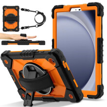 Robuuste schokbestendige hoes voor Samsung Galaxy Tab A11 – Valbestendige siliconen + PC, 360 draaibare handgreep en schouderriem, oranje