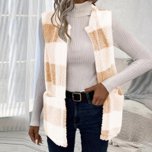 Gilet da donna in pile a quadri, girocollo, giacca senza maniche in sherpa con apertura frontale, giacca termica ampia con tasche – Cardigan