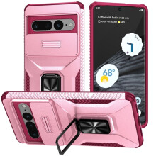 Slanke, schokbestendige hybride hoes voor Google Pixel 7 Pro 5G, met schuifbare cameraklep en draaibare ringstandaard, militaire kwaliteit, roze