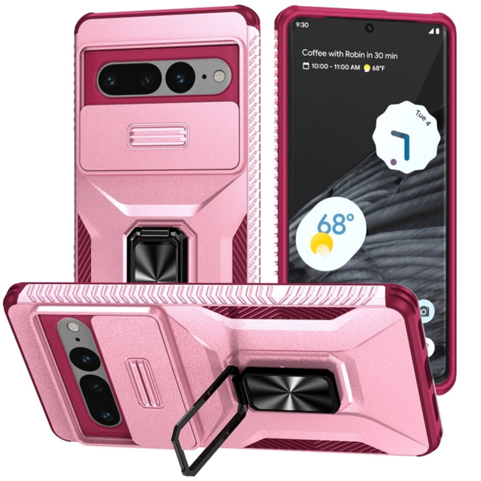 Slim Shockproof Hybrid Case For Google Pixel 7 Pro 5G, Slide Camera Cover & Rotated Ring Kickstand, Military-Grade, Pink 9482726186205