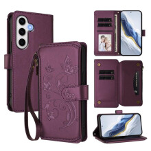 Étui à rabat magnétique avec support pour Samsung Galaxy S24FE5G – Violet foncé, cordon, porte-cartes 5 cartes, portefeuille zippé à motif