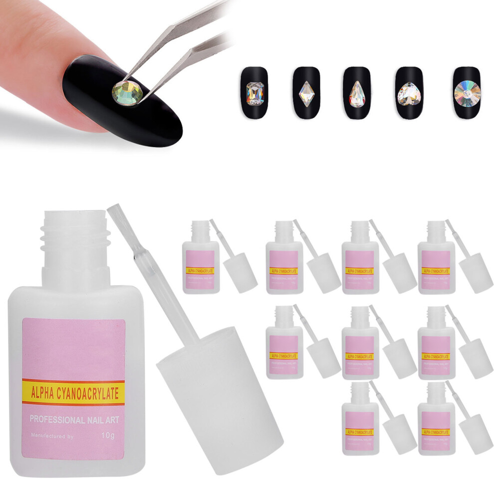 10g Nail Art Glue with Brush for Rhinestones & Tips, 10pcs