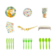 Ensemble de vaisselle et nappe décorés avec des dinosaures, comprenant un plateau en papier et des accessoires pour une fête d'anniversaire