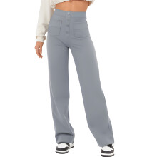 Calça feminina casual reta, estilo europeu e americano, cintura alta, com botões, elástico e múltiplos bolsos.