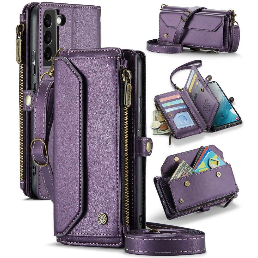 Caseme Leather Wallet Case For Compatible With Samsung Galaxy S22 Plus Â Rfid Blocking, 10-Card Holder, Zipper Bills Slot, Magnetic Wrist Strap 9165521666010