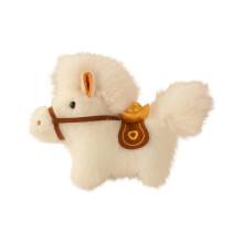 Simpatico mini cavallo di peluche, morbido animale imbottito con sella dorata, compagno sicuro e coccoloso, ideale come regalo, colore bianco.