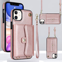 Husă portofel tip crossbody cu blocare RFID pentru iPhone 15Plus – Husă magnetică din piele cu clapă și curea, auriu-roz