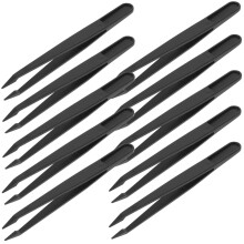 10-delige pincetset van zwart plastic voor het hanteren van sieraden, elektronica en kleine onderdelen.