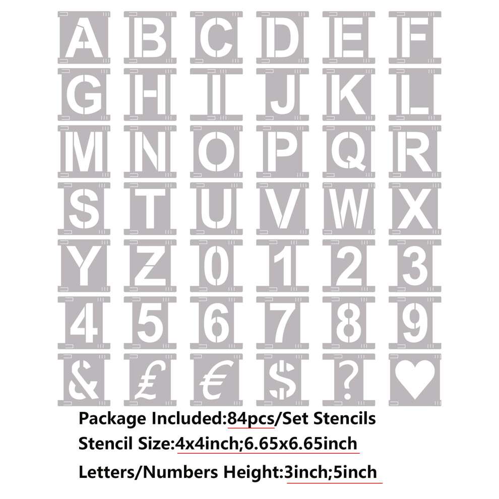 3" & 5" Reusable Interlocking Letter/Number Stencils Kit, 84-Piece Craft Stencil Set Compatible With Painting 9028731023755