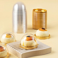 50 Pack Mini Cake Containers, Clear Plastic Small Cupcake Boxes with Dome Lids for Individual Chocolate Covered Cookies, Strawberry, Mooncake (Gold)