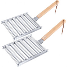 2 stk. pølseholder i rustfritt stål til grill, ekstra langt trehåndtak, kapasitet til 10 pølser, kompatibel med grill