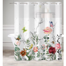 Rideau de douche Ă motif floral printanier, sans crochets, en tissu avec doublure Ă boutons-pression, 180 cm de largeur x 188 cm de longueur.