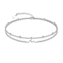 Cavigliera a onda in argento sterling 925, cavigliere a onda da donna, stile boho, a strati, da spiaggia, regolabile, con doppia catena, lunghezza 11