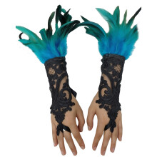 Guantes negros sin dedos de encaje para mujer con detalle de pluma1