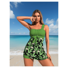 Γυναικείο σετ tankini με τροπικά φύλλα και ψηλή μέση, με έλεγχο κοιλιάς