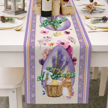 Easter Bunny Table Runner 13 x 72 inch, Watercolor Purple Lavender and Egg Basket, Washable Spring Tablecloth for Indoor Outdoor Home Decoration
