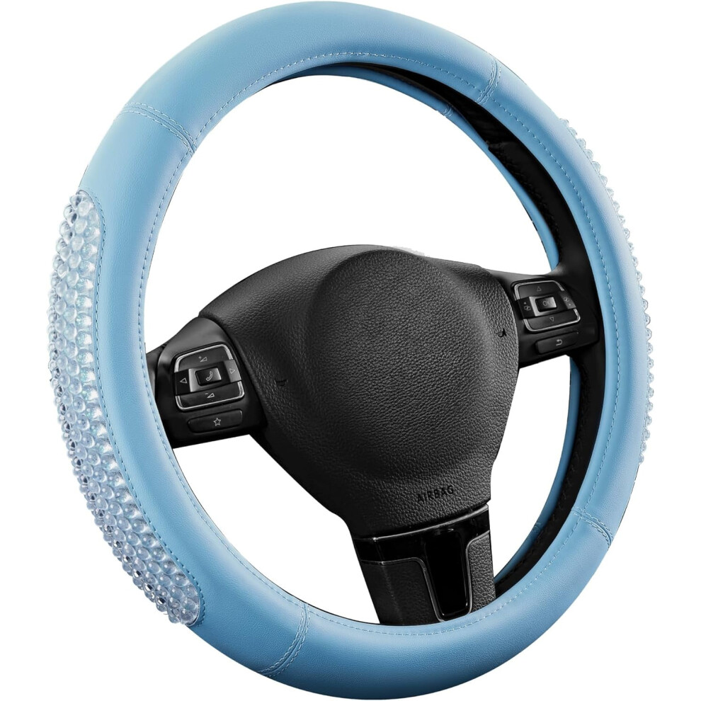 Luxury Leather Gel Particles Steering Wheel Cover, Universal Fit 14.5"-15.5", Anti-Slip, Compatible With Most Cars Blue 9023022535313