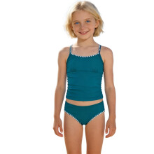 Girls' Dark Green Two-Piece Tankini Swimsuit with Solid Contrast Trim & Padded Cups, 9-10 Years