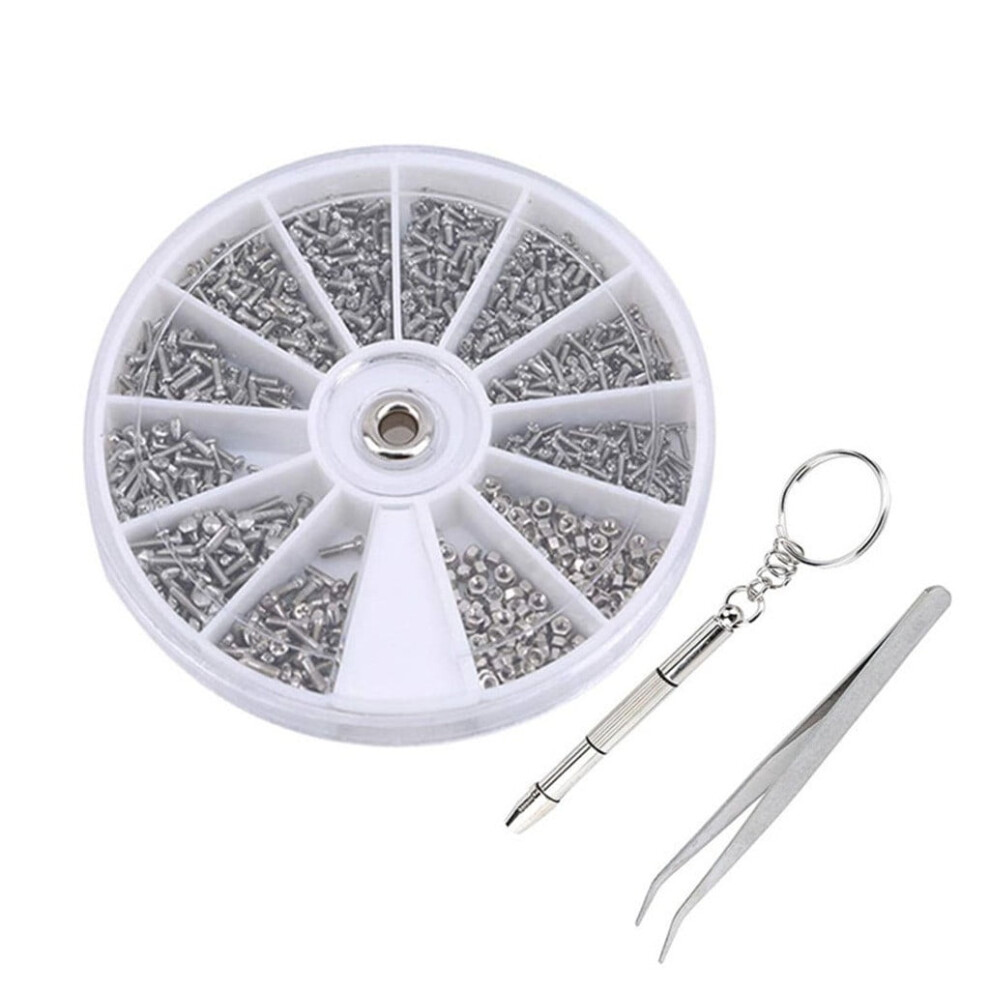 Mini Screw Nut Kit: 1000Pcs Stainless Steel Screws + Screwdriver & Tweezers For Glasses, Watch, Electronics Repair (Silver, 3X3") 9023022536822