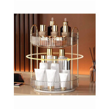 Organisateur de maquillage transparent doré à 2 niveaux, rotatif à 360