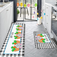 Easter Decor Kitchen Rugs Set of 2 Cute Bunny Carrot Black White Buffalo Check Floor Mat Non- Anti-Fatigue Spring Runner Rug for Floor