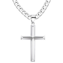 925 Silver Cross Necklace for Men & Women – Stainless Steel Cuban Link Chain, Diamond Cut, Polished Beveled Edge, 20"