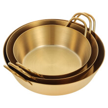 Ensemble de 3 bols de cuisine ronds en acier inoxydable, dorés.