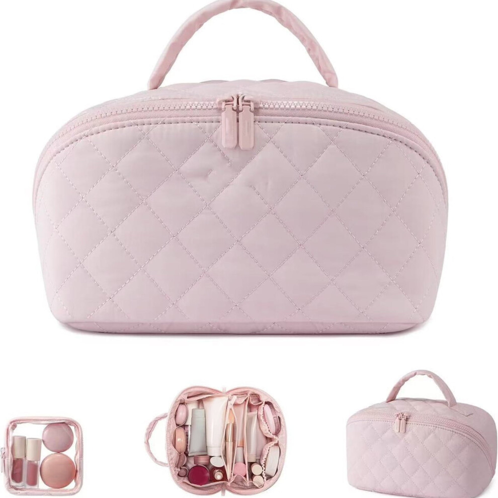 Pink 2026 New Petition Makeup Bag Â Wide-Open Lay-Flat, Water-Resistant, Puffy Padded Cosmetic Case With Compartments (Pink)