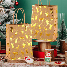 Christmas Gift Tote Bag with Deer Design Kraft Paper Flat Bottom - Reusable Holiday Party Favor and Shopping Bag(Gold D,, 10 Pc)