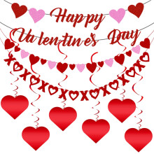 4-Piece Happy Valentine's Day Banner Set with XOXO Garland, Red & Pink Glitter Heart Hanging Swirls, Romantic Wall Decor for Party & Home