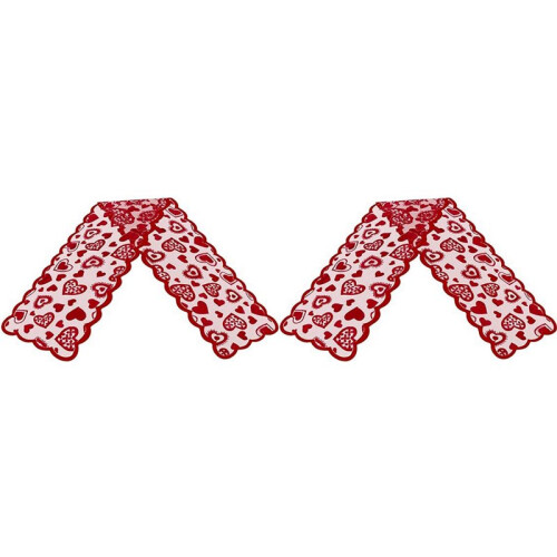 2X Table Runner, 13 X 72Inch Red Lace Table Runner, Wedding Valentines Day Romantic Heart Table Runner