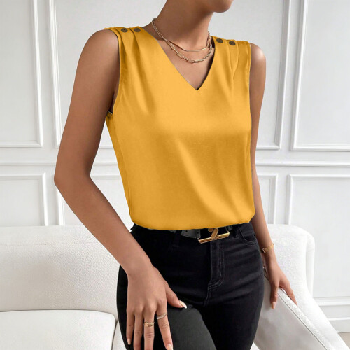Women's Silk  Sleeveless V-Neck Casual  Basic-Yellow M 2
