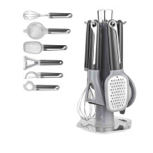 7-Piece Stainless Steel Kitchen Helper Set with Storage Rack, Grater, Egg Beater, Bottle Opener (Gray)