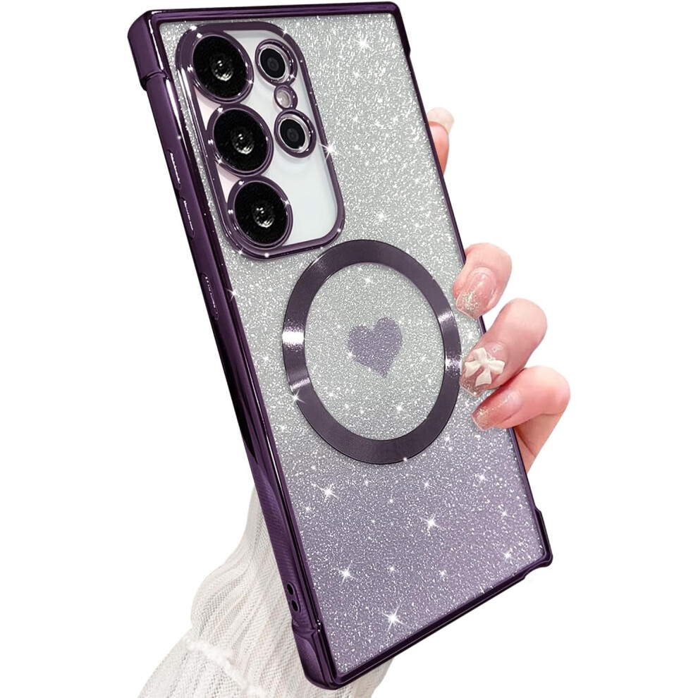 Magnetic Clear Phone Case For Samsung Galaxy S24 Ultra Â Soft Luxury Gradient Heart Bling Glitter, Magsafe-Compatible, Shockproof, Purple 9028731059648