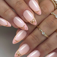 Press On Nail Gold Line Artwork Almond Shape Bows Embellished Design