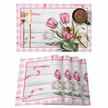 Tulpen-Platzsets, rustikales Blumenmuster, rosa Schleife, Holzmaserung, 8 Stück