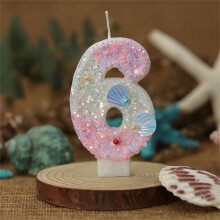 Ocean Mermaid Theme Cake Candles with Numbers 6, Purple Cake Topper with Sequins for Girls Birthday Party Cake Decoration Supplies, Version G