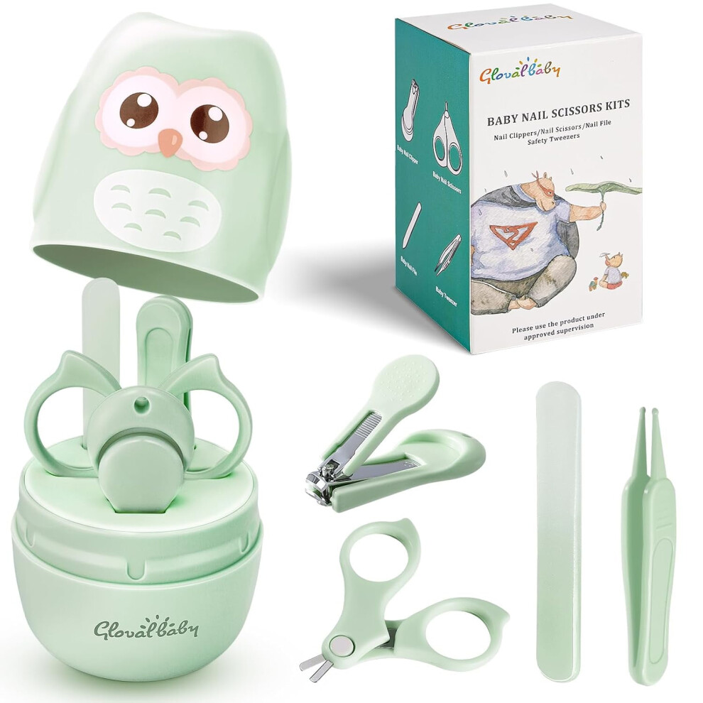Baby Nail Kit with Owl Case: Clipper, Scissors, File, Tweezer for Newborns & Toddlers â Motherâs Day Gift (Green)