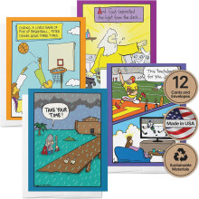 Assorted Funny Religious Greeting Cards Set (5.5"x4.25"), 12 pcs w/envelopes, blank, eco-friendly, made in USA