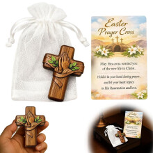 Easter Prayer Cross, Walnut Wooden Handheld Cross with Praying Hands, Christian Religious Gift with Card and Organza Bag
