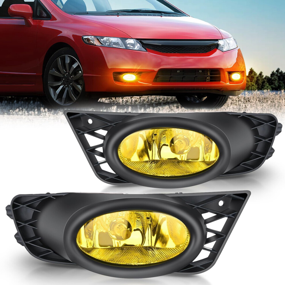 Fog Assembly Compatible With Honda Civic Sedan 2009 2010 2011 4 Door With Lens Lamps Replacement H11 12V 55W Bulbs Light/Amber 9336866677218