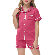 Youthful Imitation Silk Short-Sleeved Pyjama Set, Button-Front Pyjamas Soft Two-Piece Set with Pockets Casual Loungewear Ensemble,120,Hot Pink