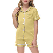 Conjunto de pijama de manga curta com aparência de seda, amarelo, tamanho 110.